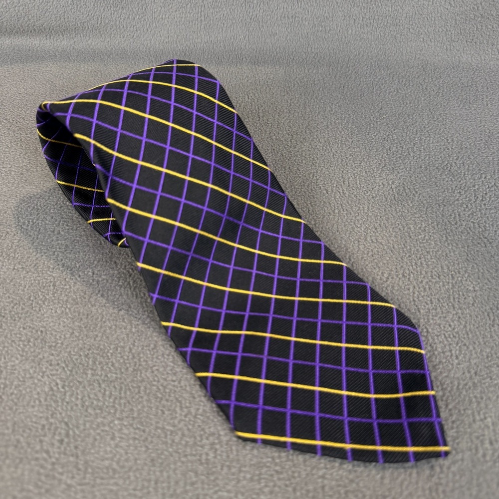 Vintage Lauren Ralph Lauren Silk Tie USA Black Purple Yellow Plaid 58" Wide